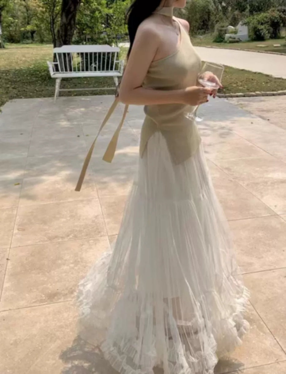 Layered Tulle Skirt with Floral Lace Trim-White-One Size-Free Shipping Leatheretro