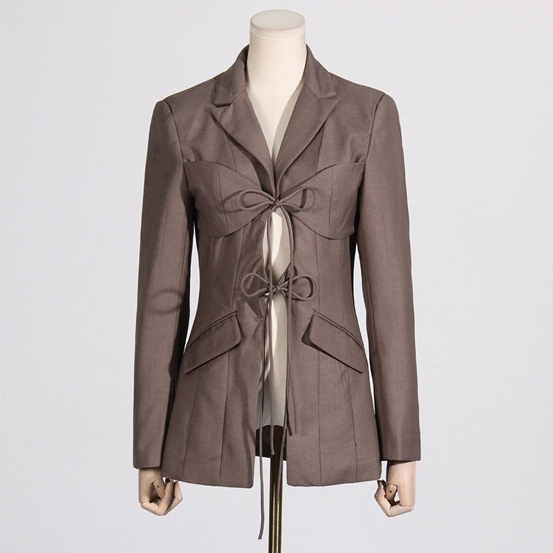 Women's Designer V-Neck Lace-Up Belted Asymmetrical Blazer Jacket