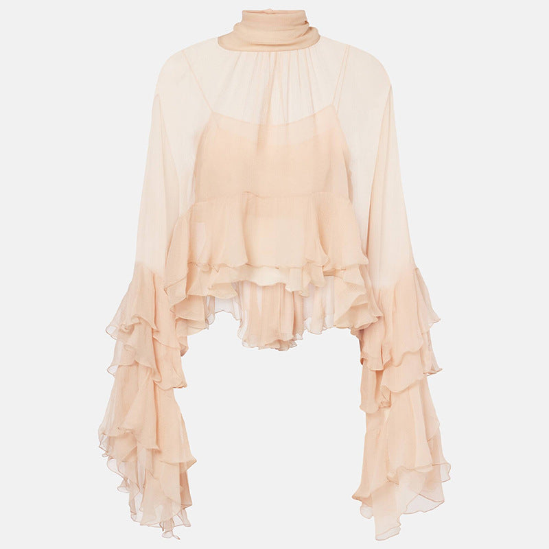 Women's Elegant Mesh Ruffle Long Sleeve Blouse