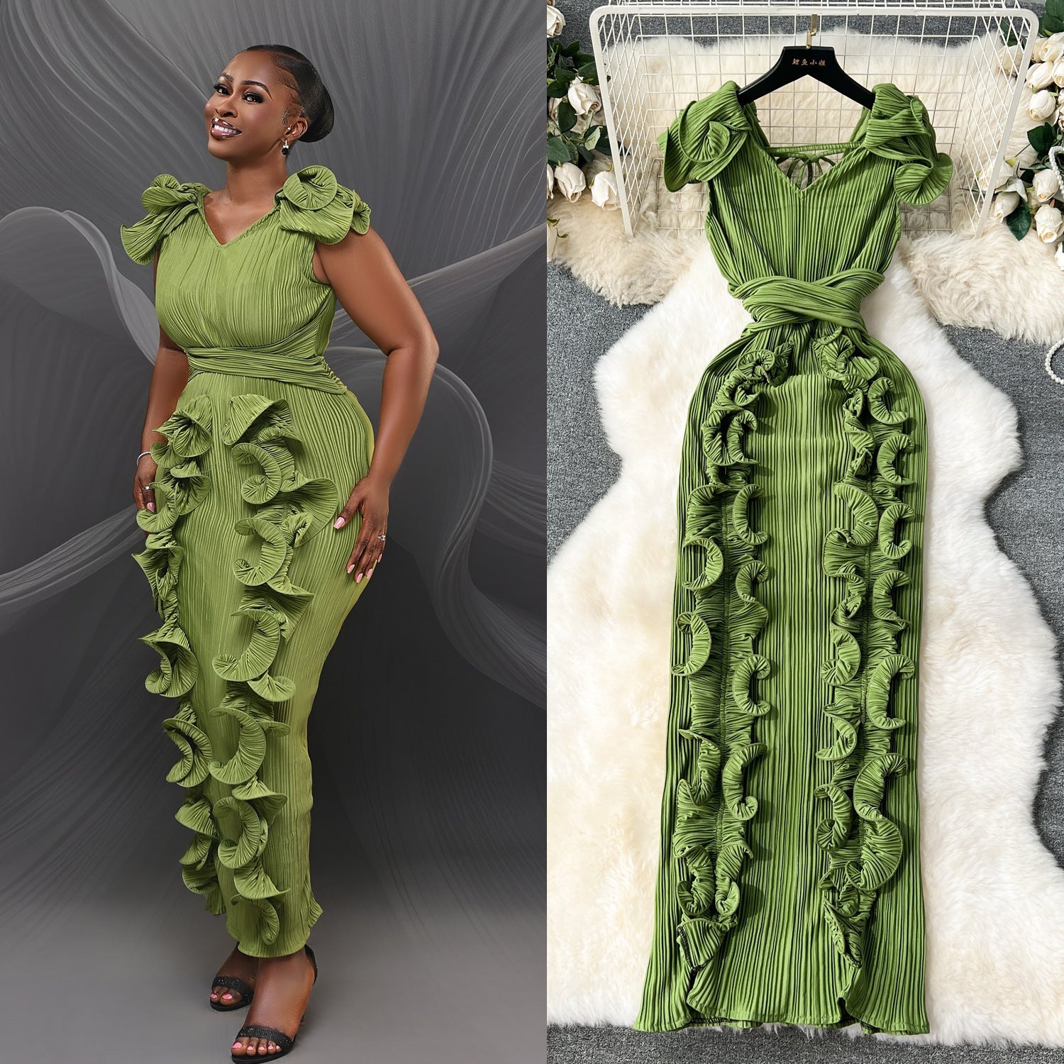 High-End Pleated Dress – Luxury Women's Designer Ruffle Hem Slim Fit Long Maxi Dress