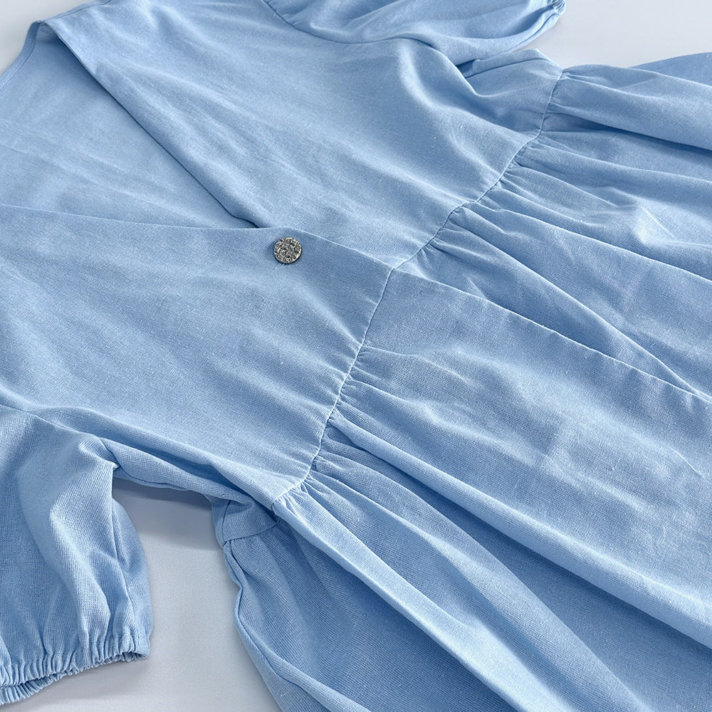 Sweet Solid Color Cotton Set - V-Neck Top & Bubble Sleeve Shorts 2-Piece Outfit