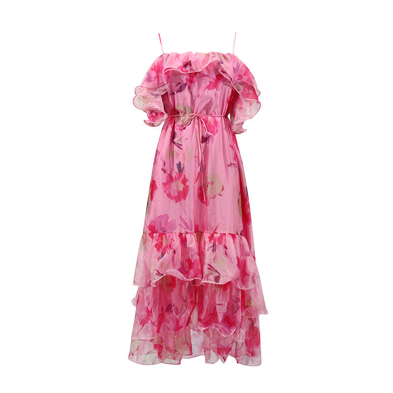 Women's Summer Dress – Fashionable Sleeveless Off-Shoulder Ruffle Hem Flowy Dress