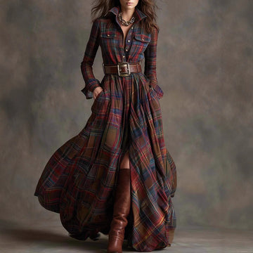 Plus Size French Vintage Plaid Slimming Irregular Hem Dress
