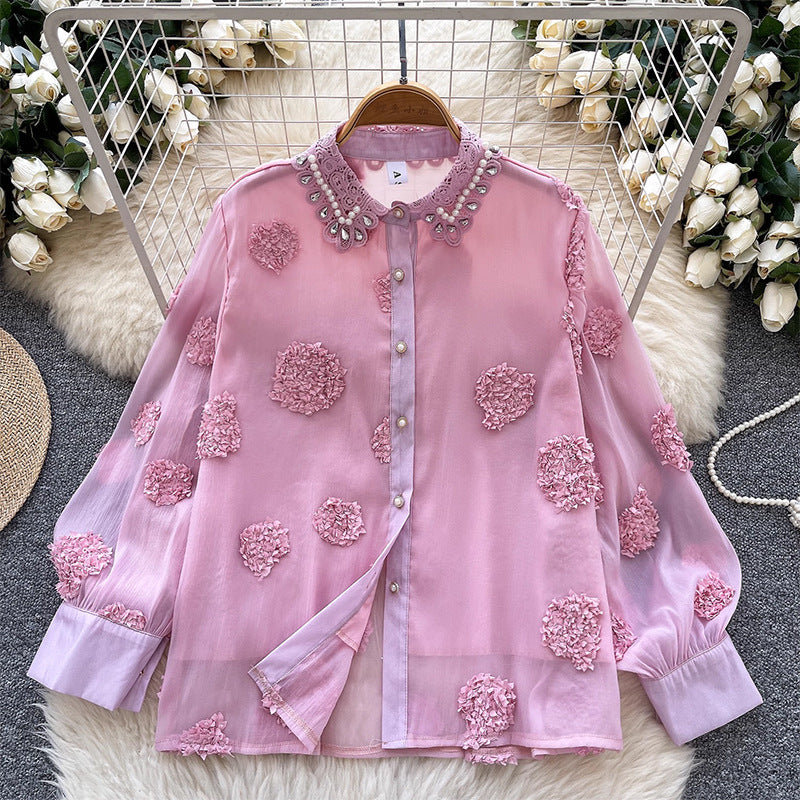 Beaded 3D Floral Mesh Shirt