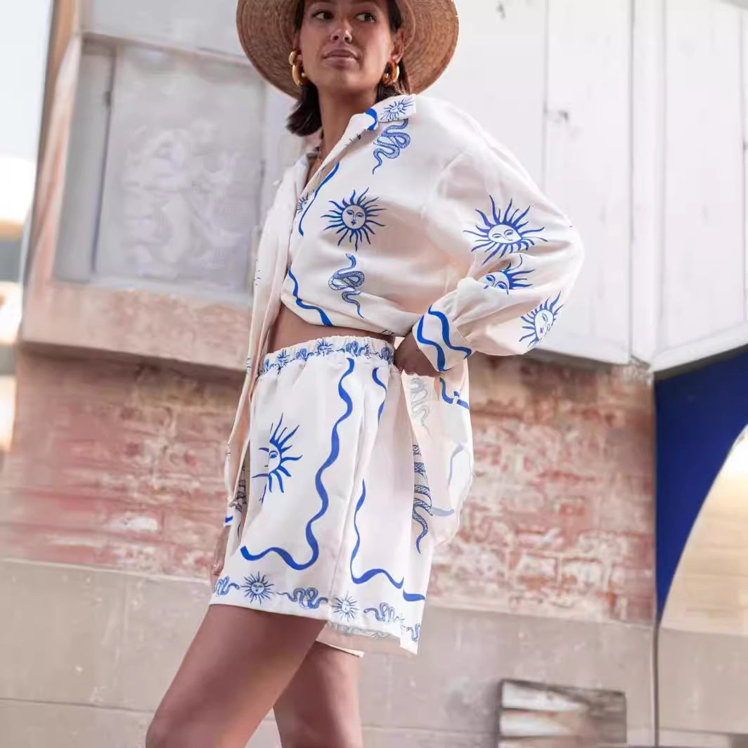 Fashionable Printed Linen Shirt & Shorts Set