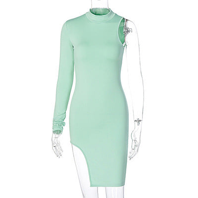 Sexy High Neck One Shoulder Mini Dresses-Dresses-Green-S-Free Shipping at meselling99