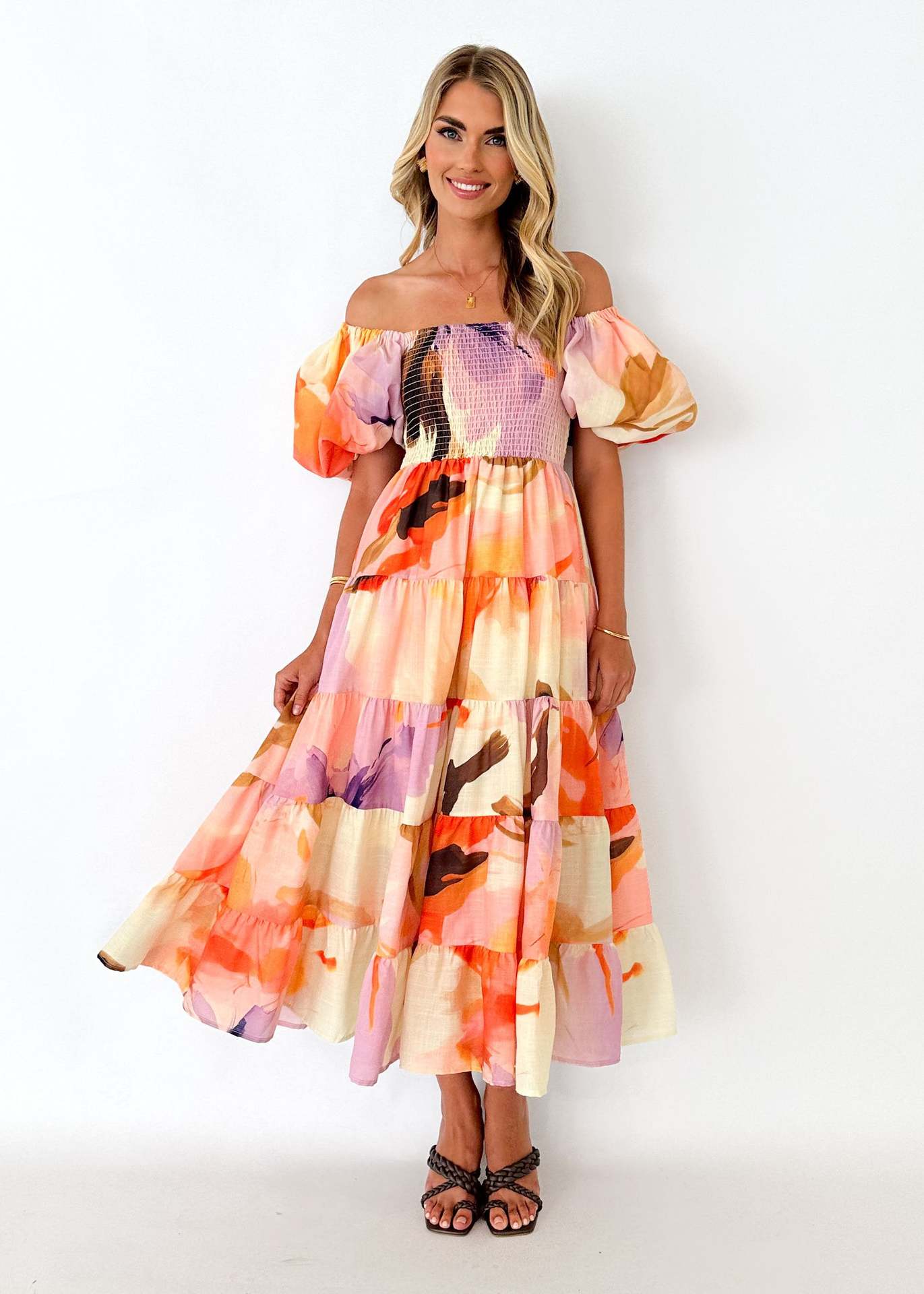 Spring Summer Off-Shoulder Floral Print Puff Sleeve Dress