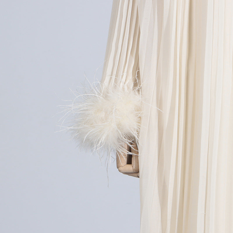 Elegant Round Neck Rhinestone Ostrich Feather Long Sleeve Ruffle Dress