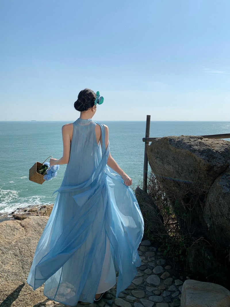 Ethereal Tie-Neck Maxi Dress – Flowy Goddess Silhouette with Elegant Sash Detail