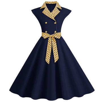 Elegant V-Neck Polka Dot & Solid Color A-Line Dress with Belt for Women