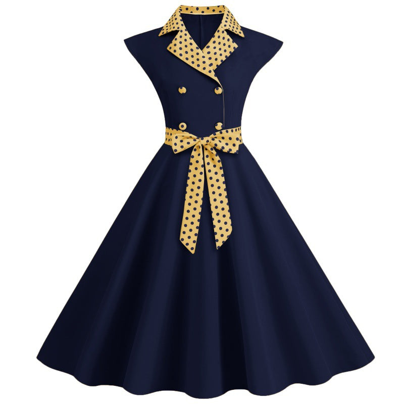 Elegant V-Neck Polka Dot & Solid Color A-Line Dress with Belt for Women