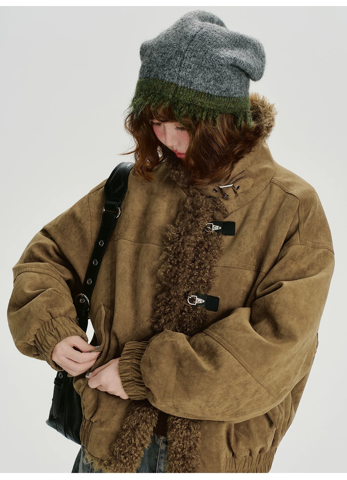 Girlyhalo Vintage Suede & Faux Shearling Patchwork Winter Coat