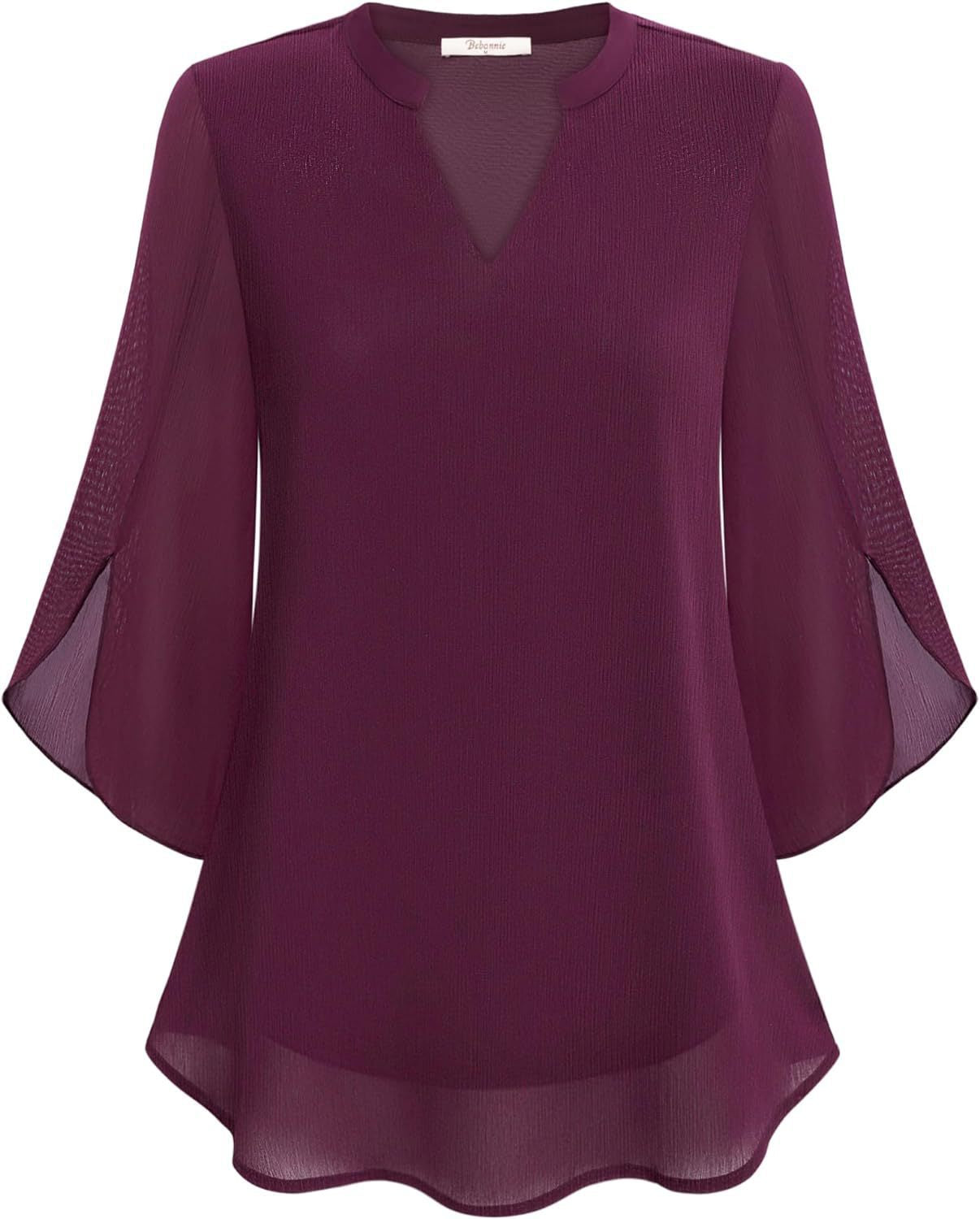 Women's Flowy V-Neck Chiffon Blouse with Petal Sleeves