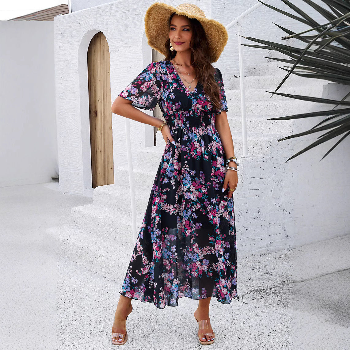 Women's Floral Print Chiffon Dress – Short Sleeve, Waist-Tied