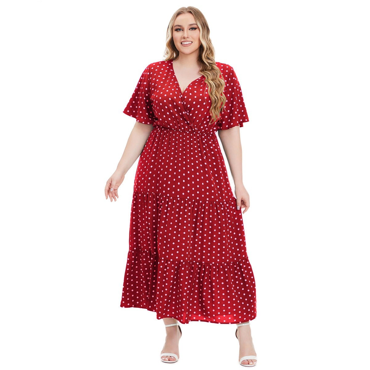 Plus Size Polka Dot V-Neck Swing Dress
