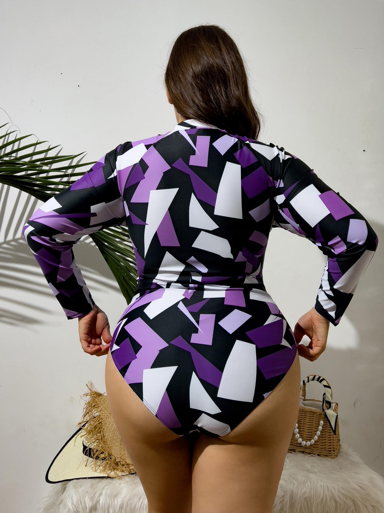 Women's Printed Long Sleeve Zip-Up One-Piece Swimsuit