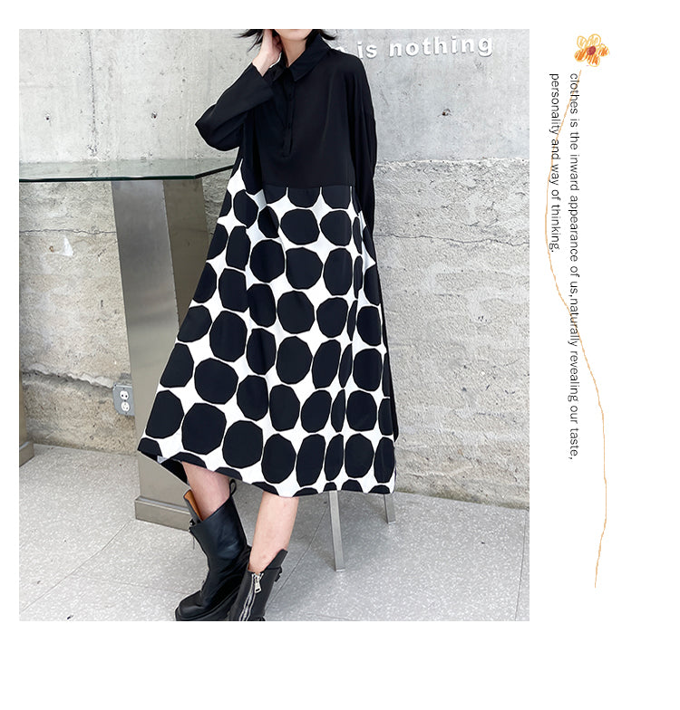 Vintage Dot Print Black Long Sleeves A Line Shirts Dresses-Dresses-Black-One Size-Free Shipping at meselling99