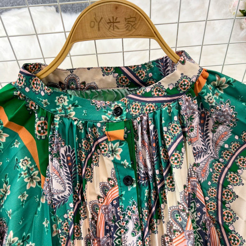 Retro Palace Style Lantern Sleeve Round Neck A-Line Floral Print Button-Down Waist Dress