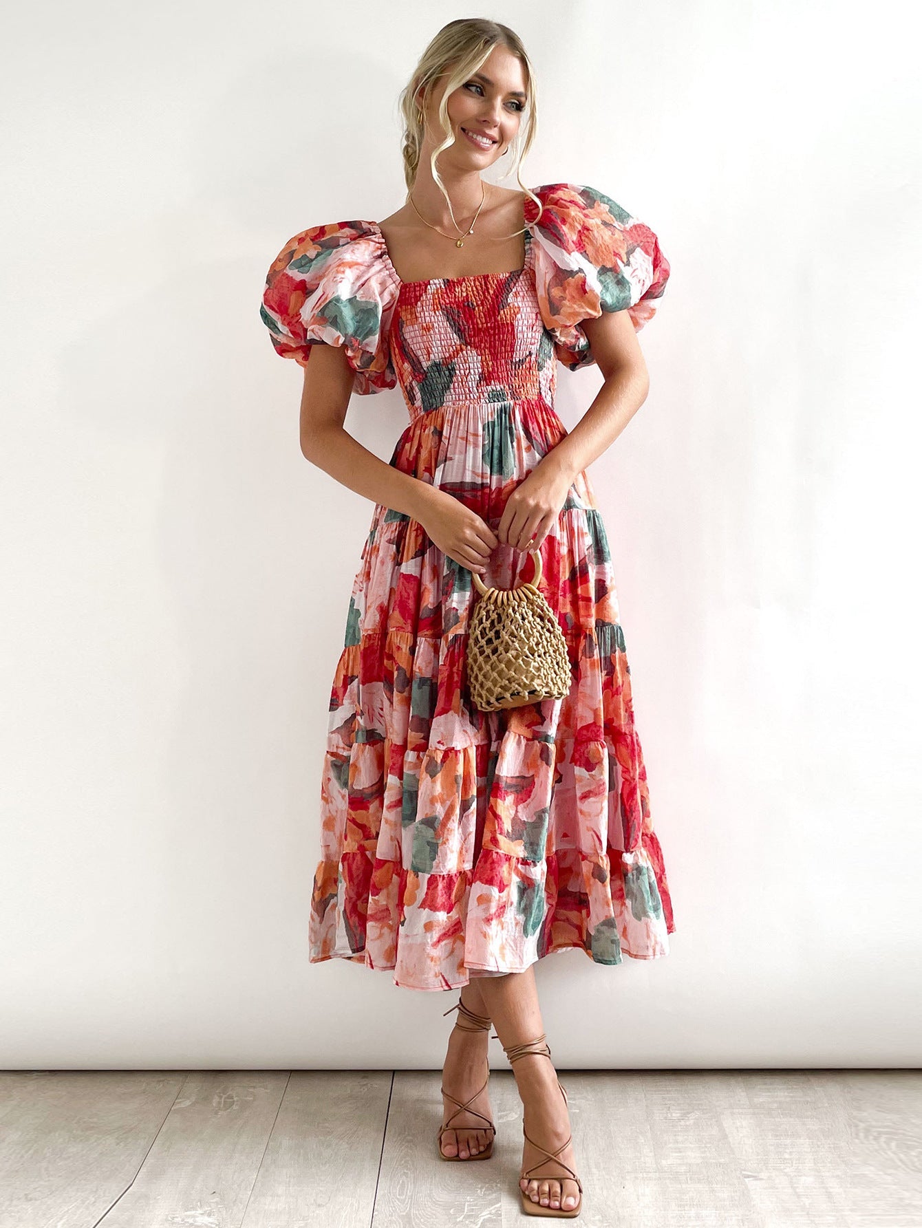Spring Summer Off-Shoulder Floral Print Puff Sleeve Dress