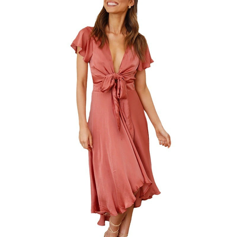 Elegant & Sexy V-Neck Tie-Waist Asymmetrical Dress