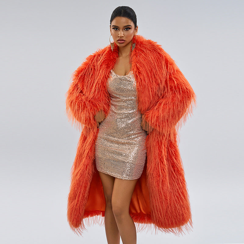 Long Fringe Fur Coat – Stylish Solid-Color Faux Fur Outerwear