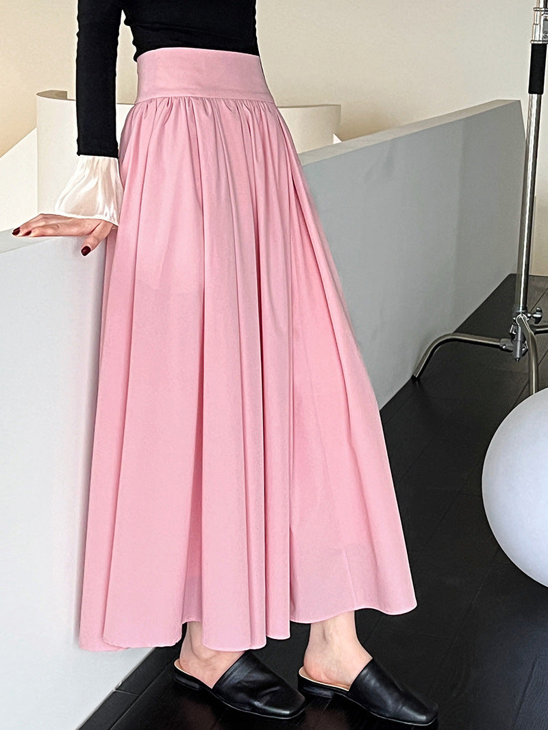Elegant Pink Midi Skirt – Flowy A-Line Pleated Skirt with High Waist