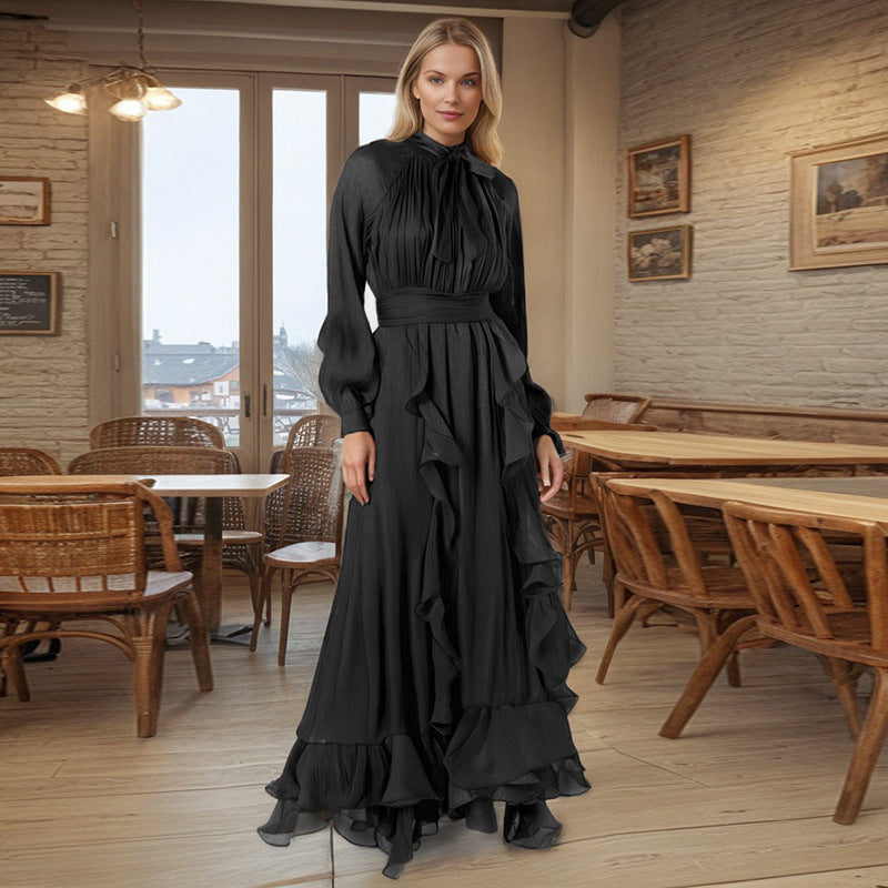 Designed Elegant Fashionable Lantern Sleeve & Ruffled Hem Solid Color Summer Dress for Women