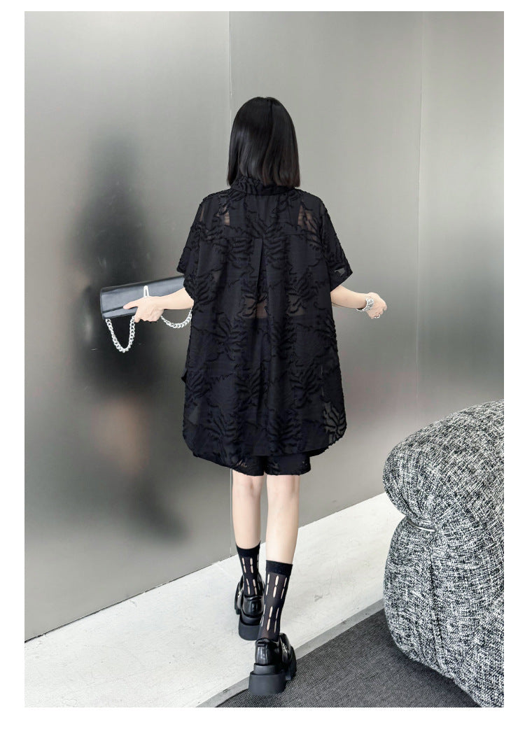 Women's Unique Jacquard Casual Cotton Set – Oversized Bat Sleeve Top + Elastic Waist Shorts