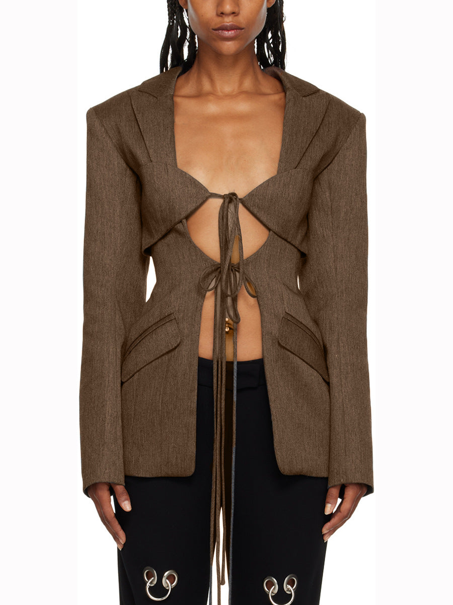 Women's Designer V-Neck Lace-Up Belted Asymmetrical Blazer Jacket