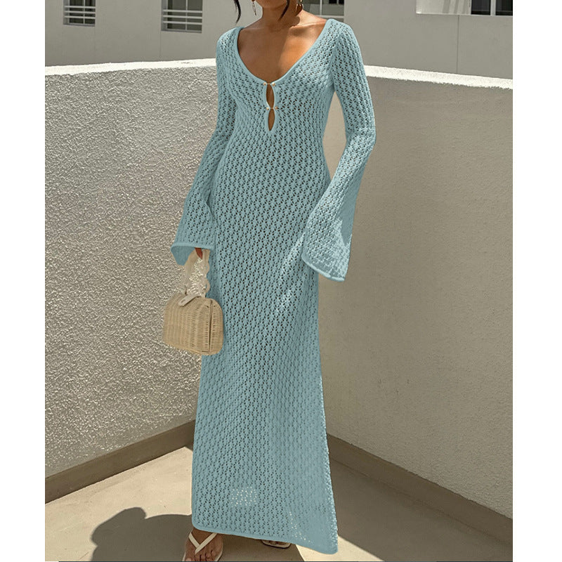 Women's V-Neck Long Sleeve Beach Cover-Up Dress