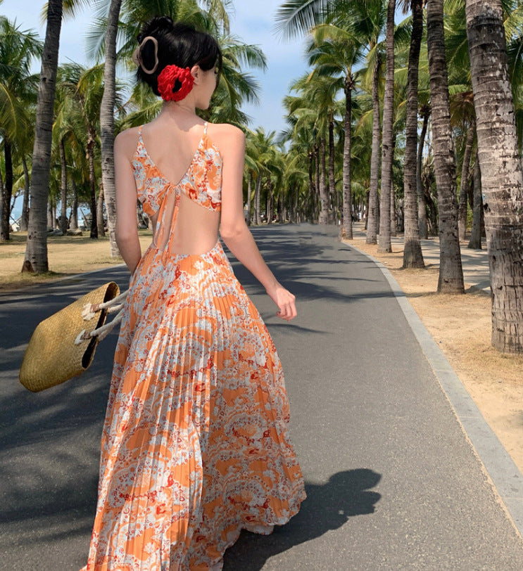 Women’s Summer Sleeveless Hollow-Out Halter Neck High Waist Flowy Printed Maxi Dress