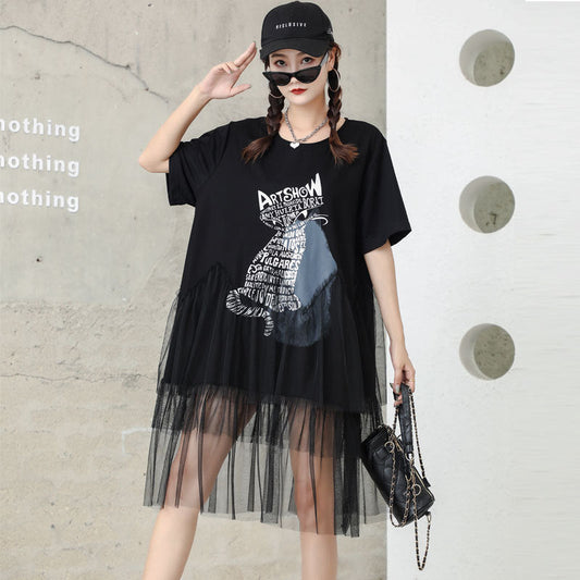 Cat Designed Tulle Loose Summer Black Midi Dresses-Dresses-Black-One Size-Free Shipping at meselling99