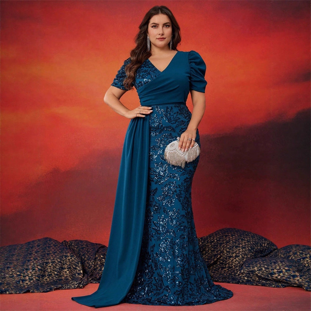 Plus Size Elegant Sequin V-Neck Short Sleeve Cocktail Party Dress for Women