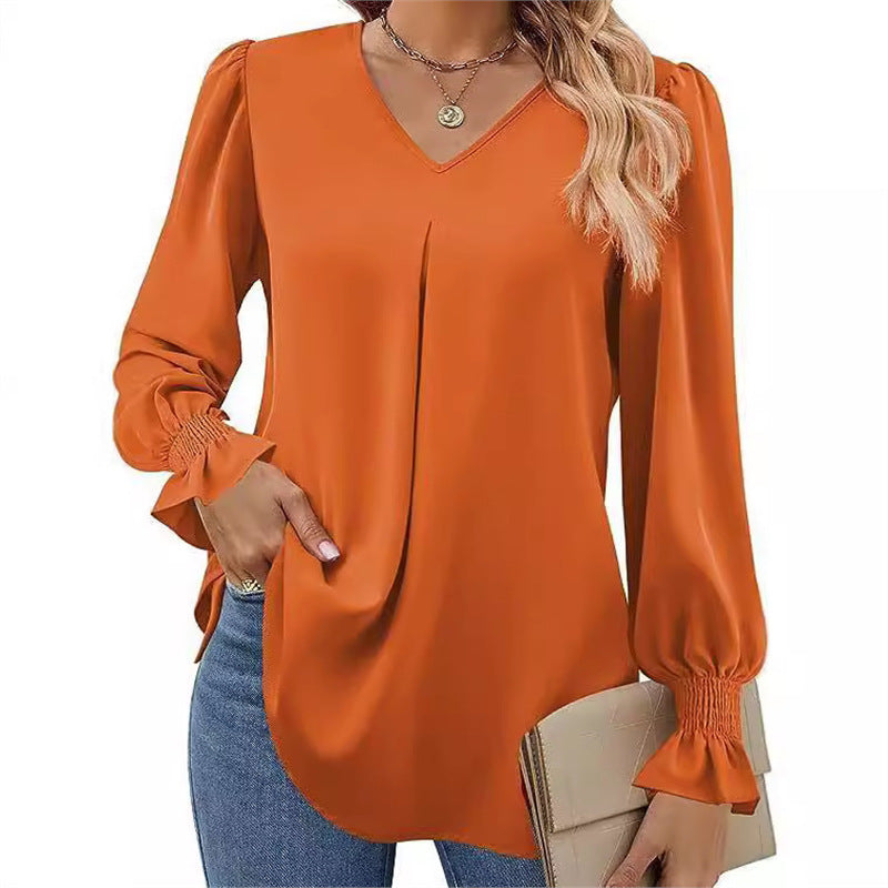 Women's Solid Color Chiffon V-Neck Bell Sleeve Blouse