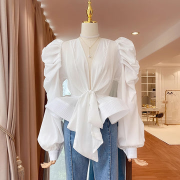 Vintage Bubble Short Sleeve V-Neck Blouse
