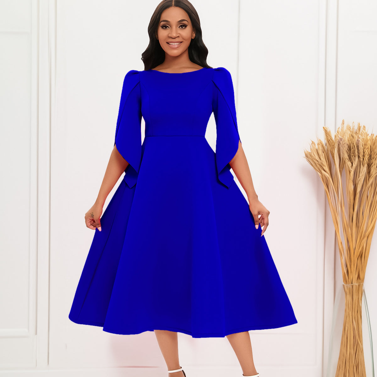 Autumn Fashion Elegant Round Neck Bell Sleeve Evening Party Dress