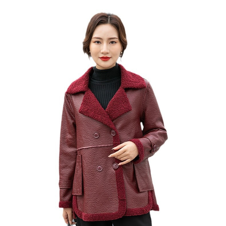 Women's Winter Faux Fur-Trimmed  Plus Sizes Leather Jacket