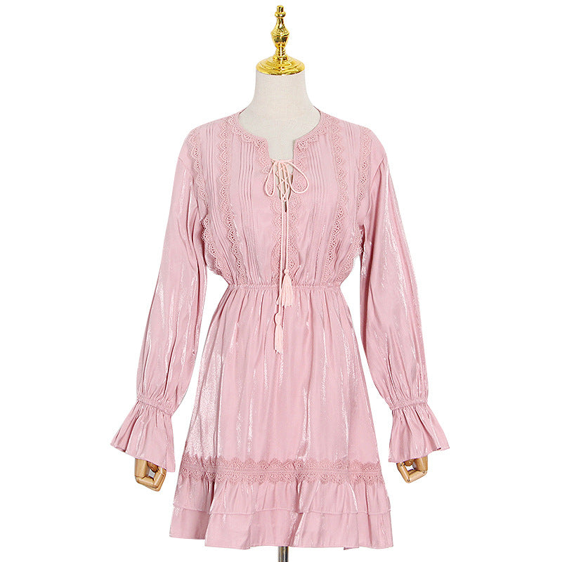 Retro V-Neck Tie-Waist Flare Sleeve Short Dress