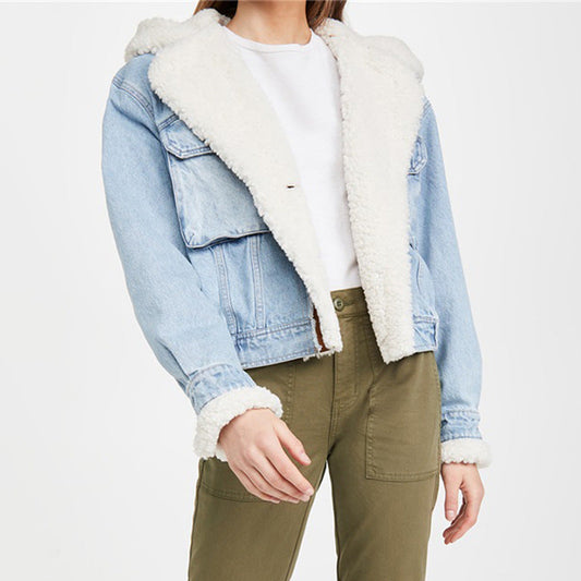 Fashion Designed Lamb Wool with Denim Jacket Coats