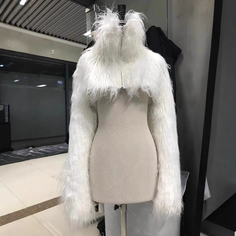 Halloween Dark Fantasy Horned Headpiece & Cropped Faux Fur Jacket Set