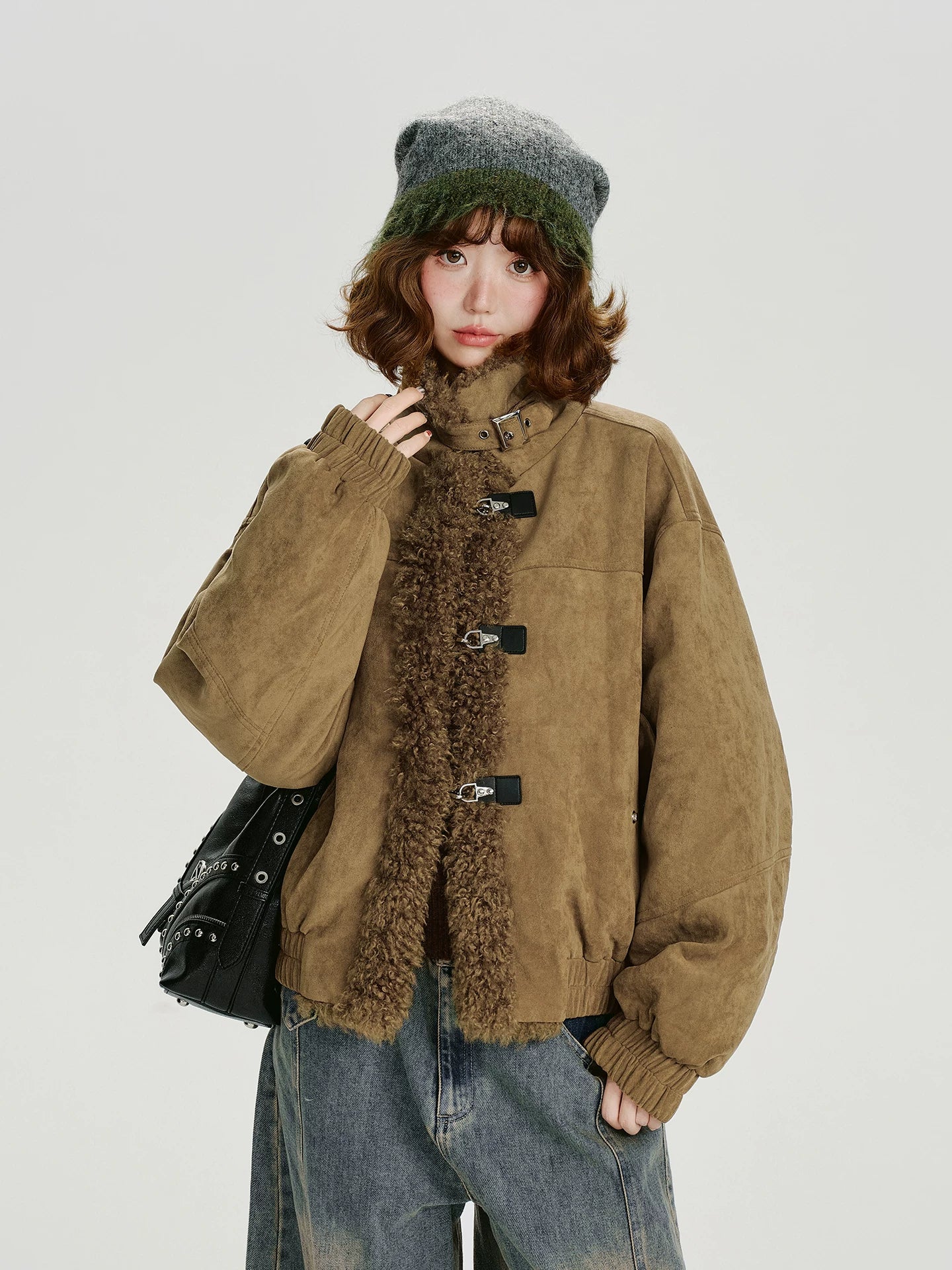 Girlyhalo Vintage Suede & Faux Shearling Patchwork Winter Coat
