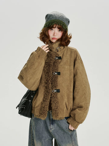 Girlyhalo Vintage Suede & Faux Shearling Patchwork Winter Coat