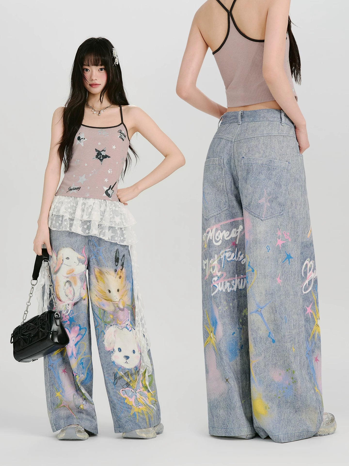 GirlyHao Vintage Tie-Dye Cartoon Print Wide Leg Jeans