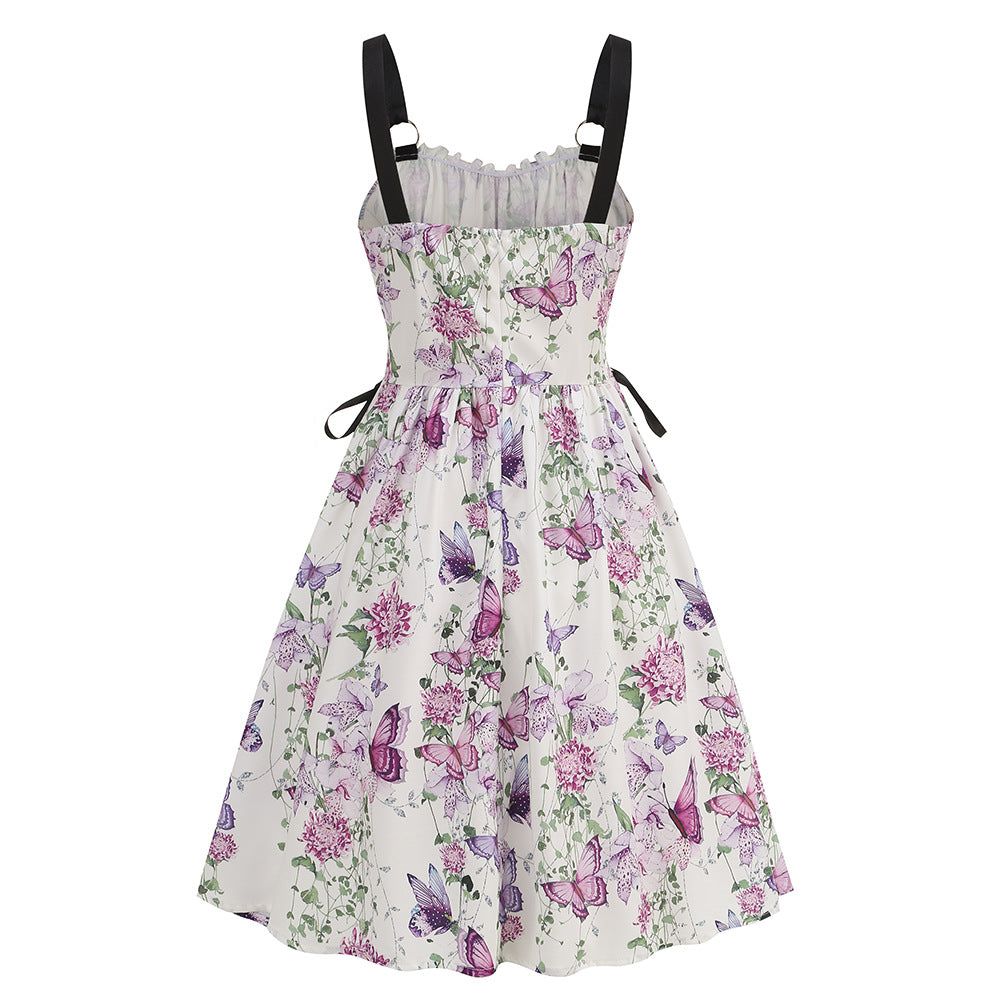 legant Floral Print O-Ring Strap Slimming Party Dress