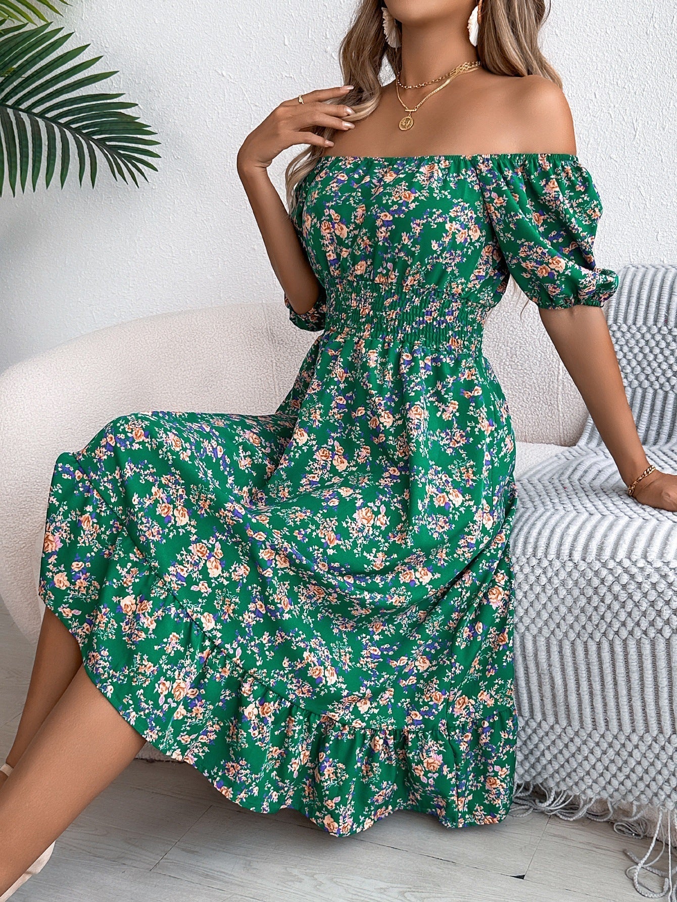 Floral Print Square Neck Short Sleeve Wrap Waist Ruffle Hem Dress