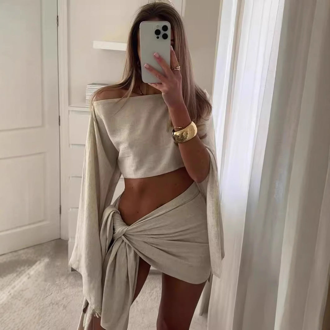 Women's Summer Beach Vacation Outfit - Breathable Long Sleeve Top + Short Skirt Set