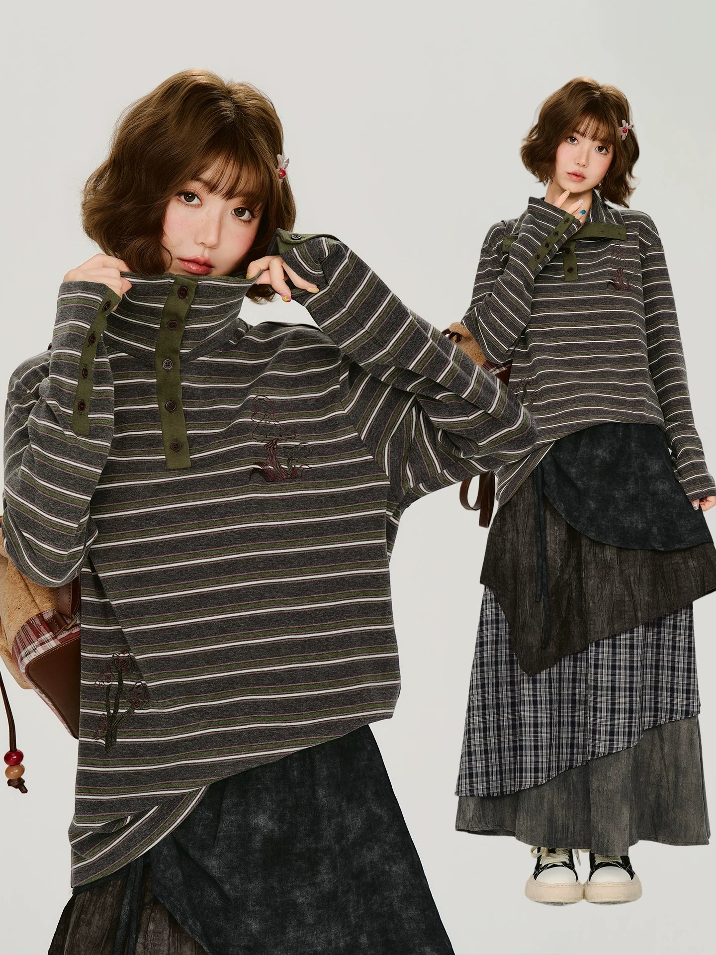 Girlyhalo Vintage High Neck Striped Long Sleeve Tee