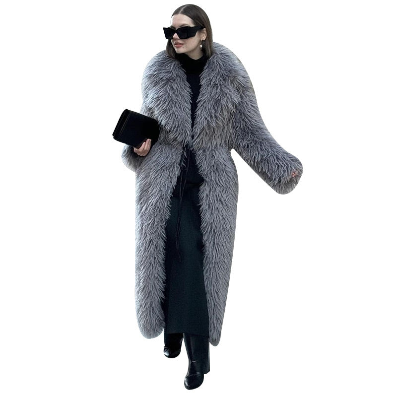 Long Faux Fur Coat – Women’s Winter Warm Plush Fake Fur Jacket with Lapel Collar