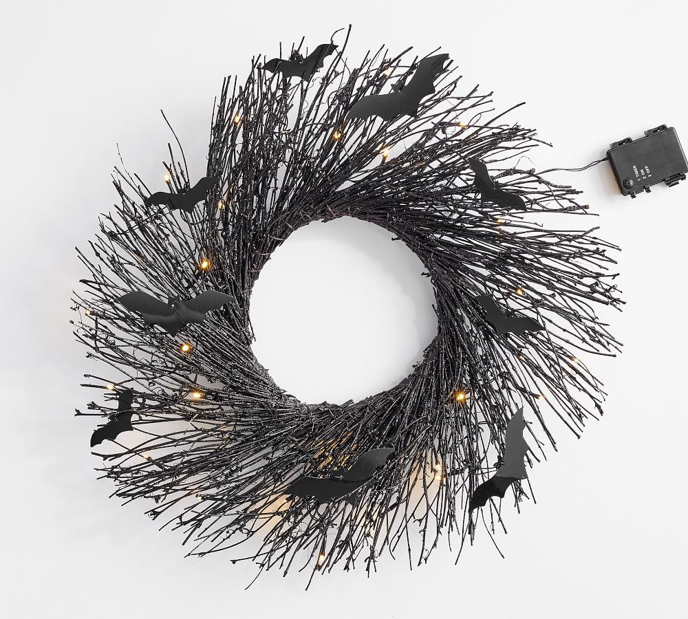 Halloween Black Bat Wreath with LED Lights - Wall Hanging Decor