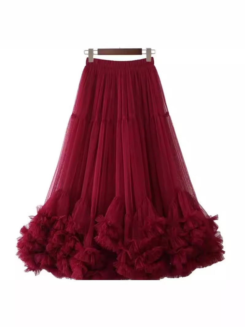 Layered Tulle Skirt with Floral Lace Trim-black-One Size-Free Shipping Leatheretro